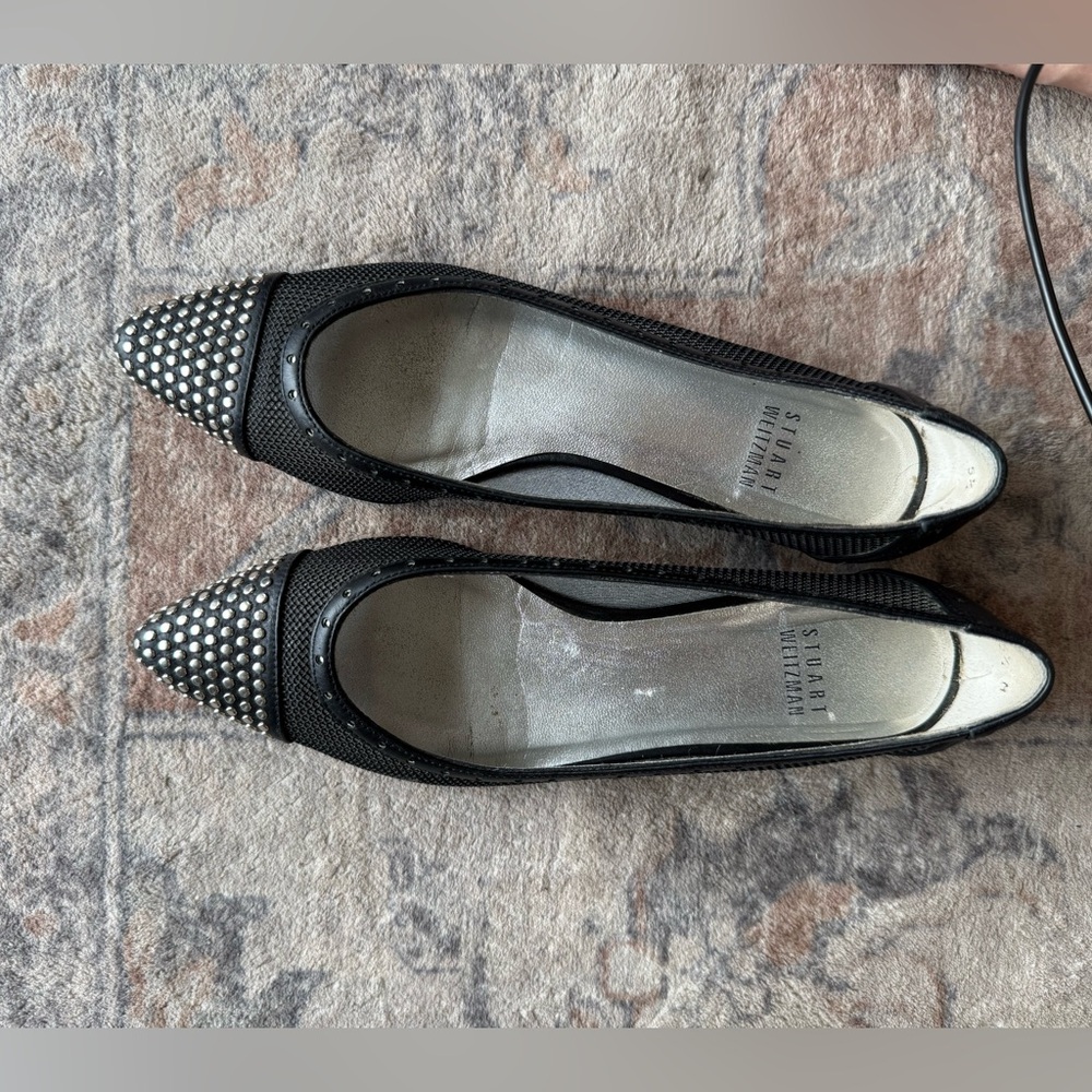 Stuart Weitzman Black and Silver Studded Flats